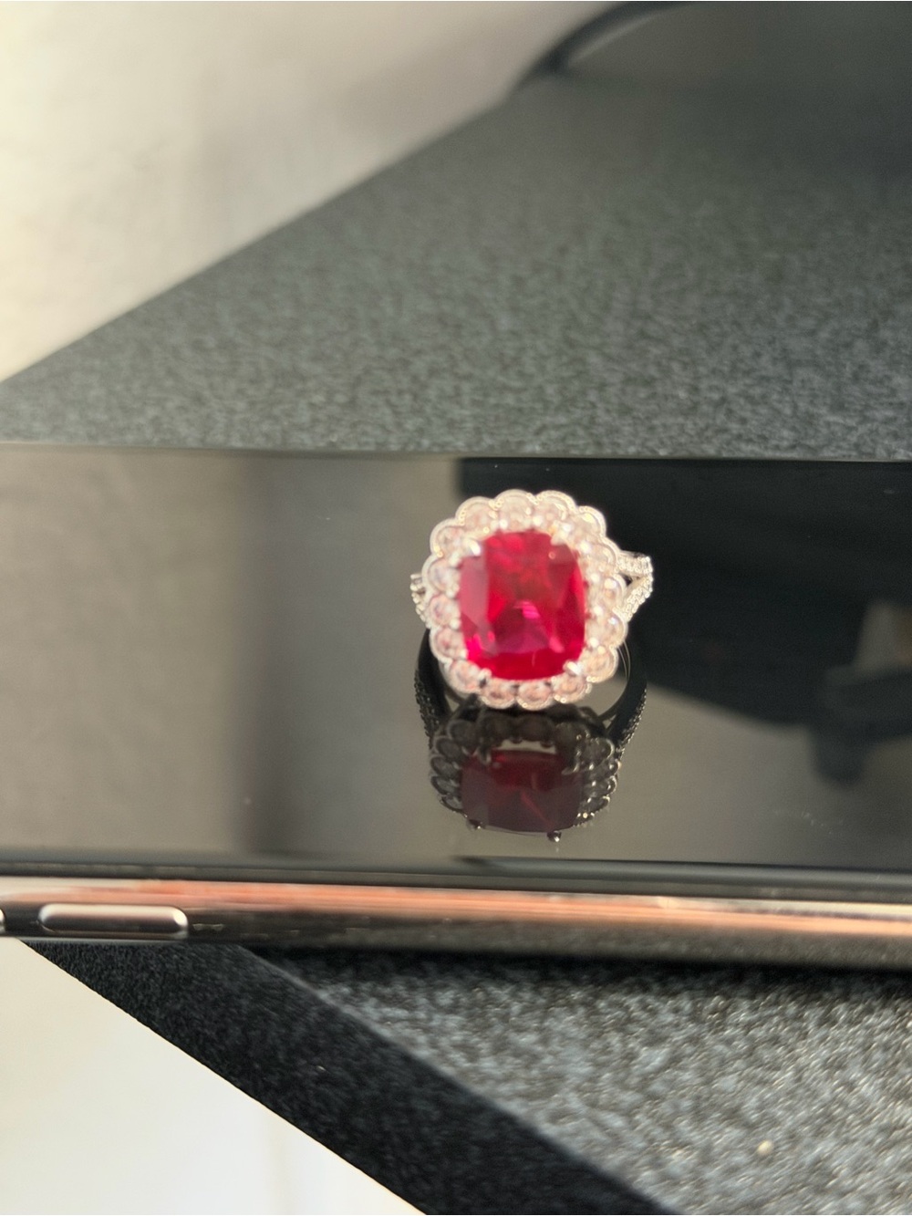 Silver Ring with Deep Red Cushion Center zirconia Stone and Halo